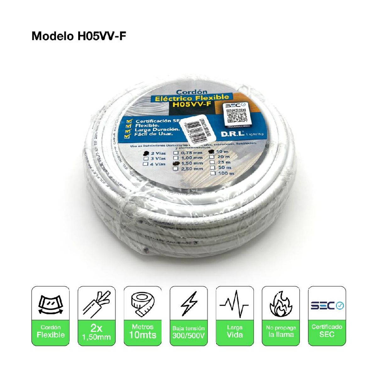 GENERICO - Cable Cordón Eléctrico Sil Flexible 2x150mm2 10m Blanco Sec