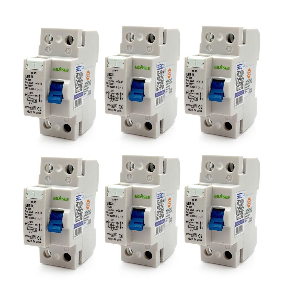 DRL - Pack 6 Interruptor Diferencial Ebasee 2x 25a C 30ma Sec