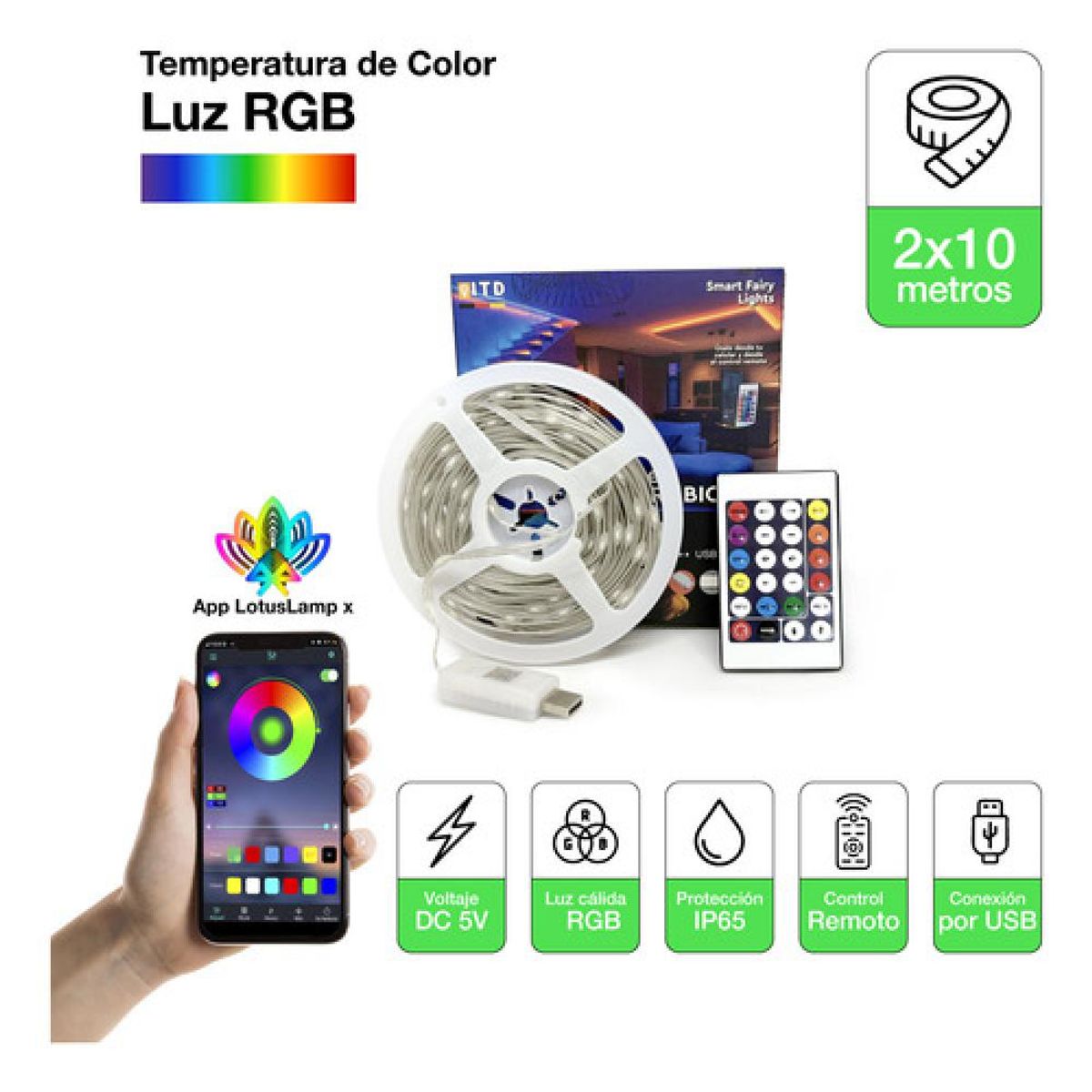 DRL LIGHTING - Pack 2 Cintas Led Rbg Ic Usb Itd App Lotuslampx Ip65 2x10mt Rgb