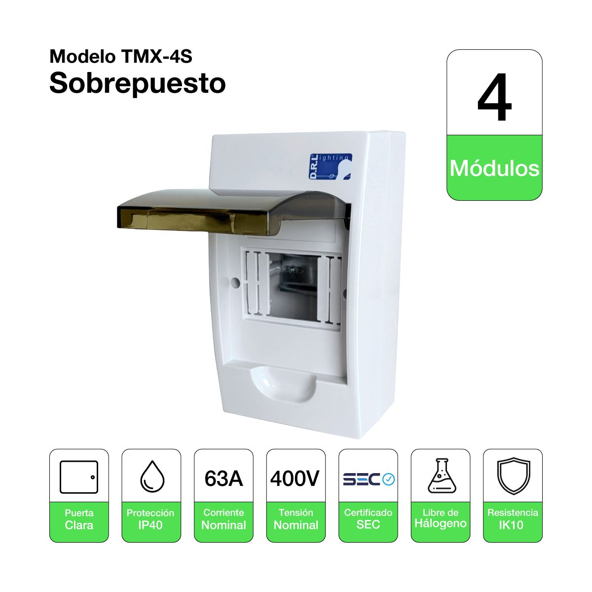 DRL LIGHTING - Tablero Eléctrico Sobreponer Drl 4 Modulos Tapa Clara Sec