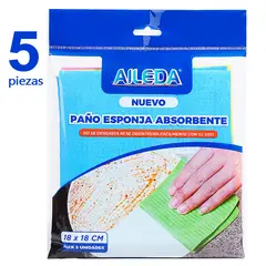 AILEDA - Paño Esponja Absorbente 5 Unidades Multiuso 18x18cm Celeste - Amarillo - Rosa