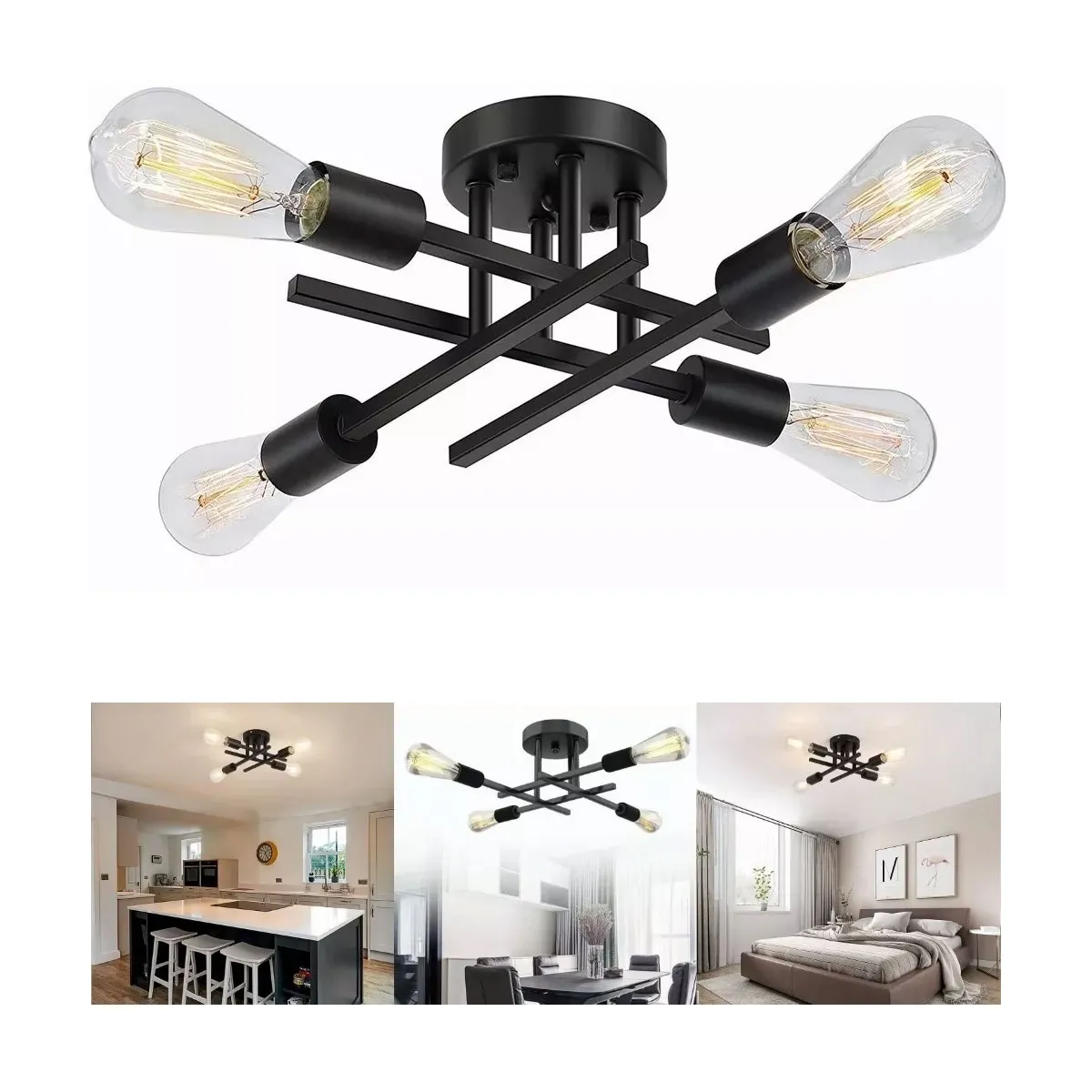 DEKANO - Lámpara de techo vintage bombillas E27 no incluidas 4 cabezas