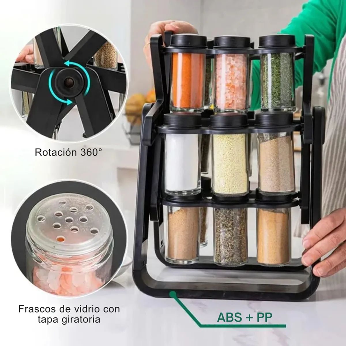 MOVI - Organizador de Condimentos Giratorio 360° con Frascos de Vidrio