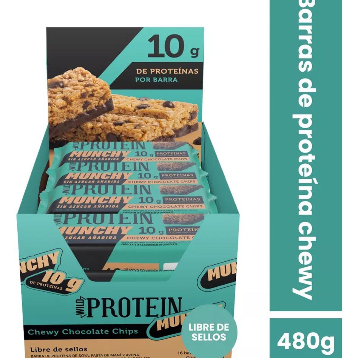 WILD FOODS - Barra de proteina Wild Protein - Munchy Chocolate Chips 16 unidades