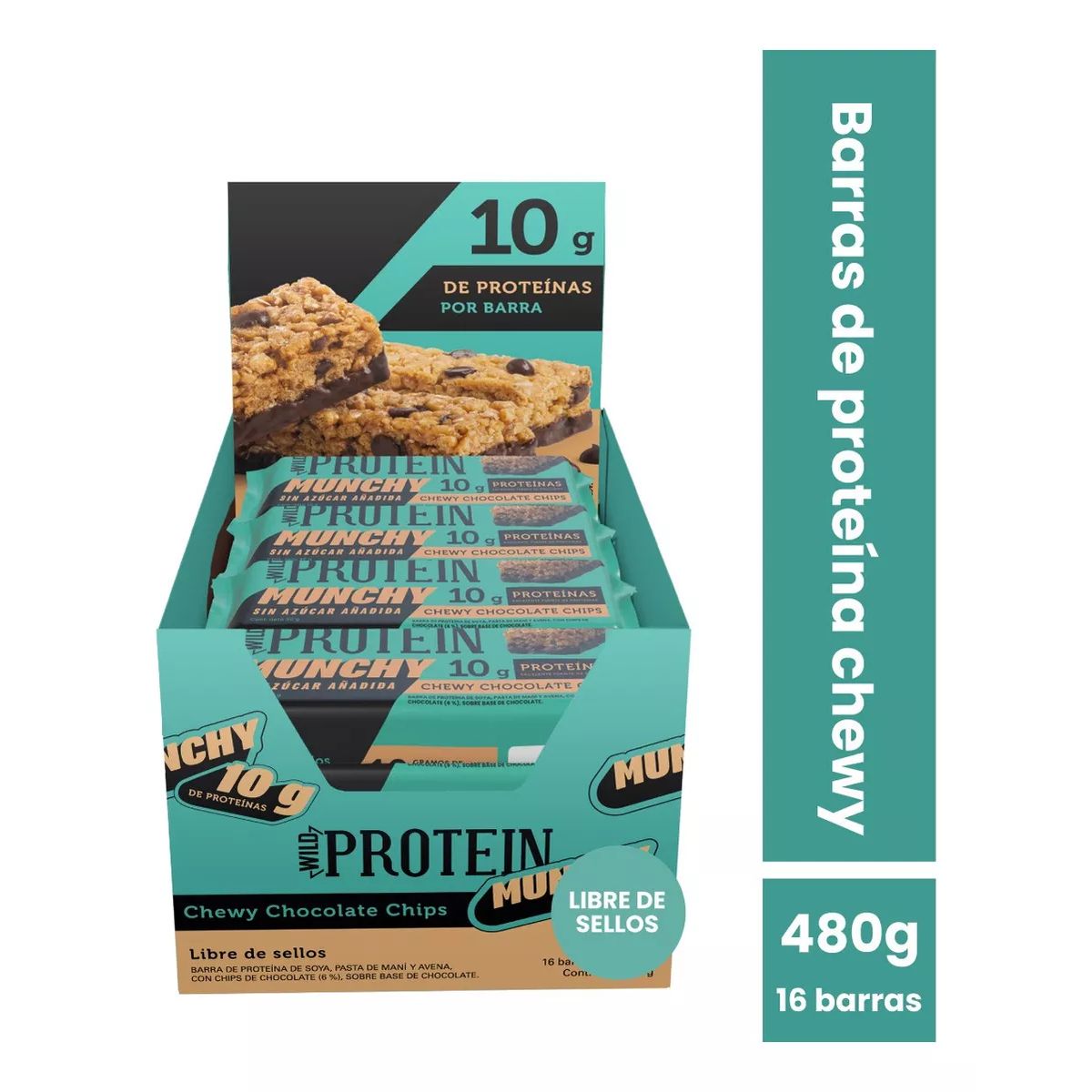 WILD FOODS - Barra de proteina Wild Protein - Munchy Chocolate Chips 16 unidades