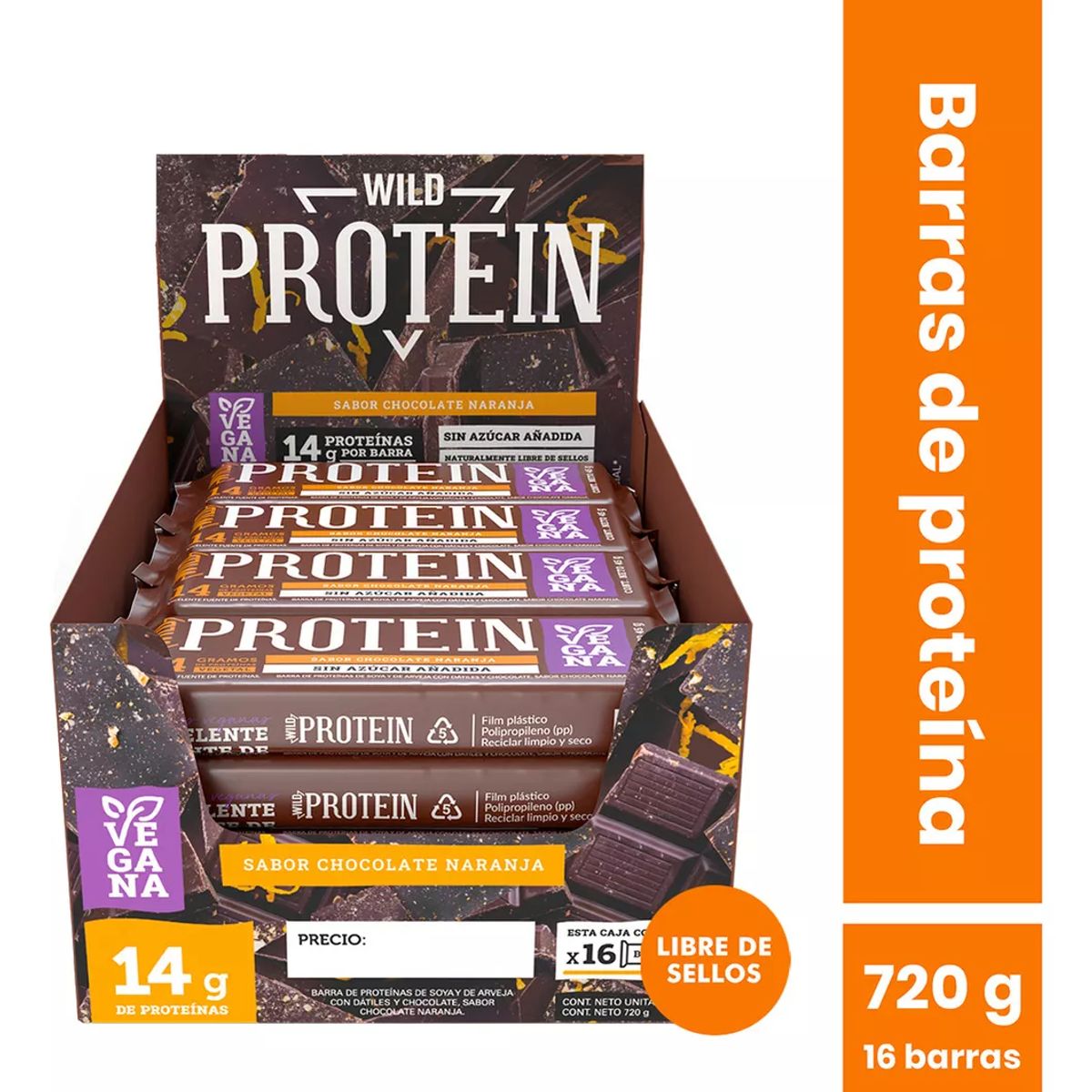 WILD FOODS - Barras de proteina Wild Protein - Chocolate Naranja 16 unidades