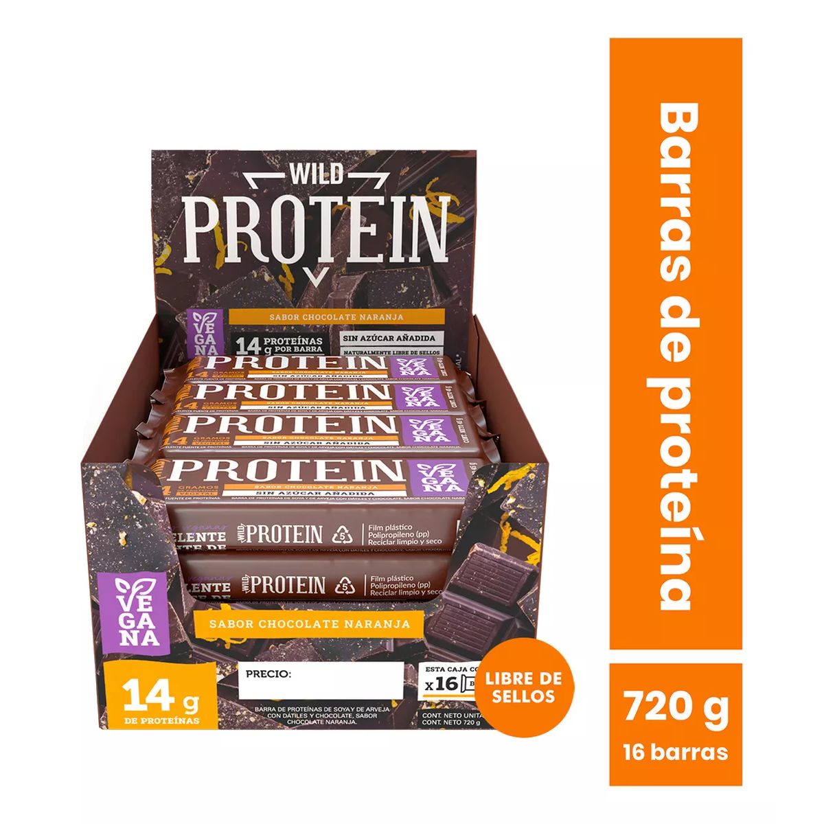 WILD FOODS - Barras de proteina Wild Protein - Chocolate Naranja 16 unidades