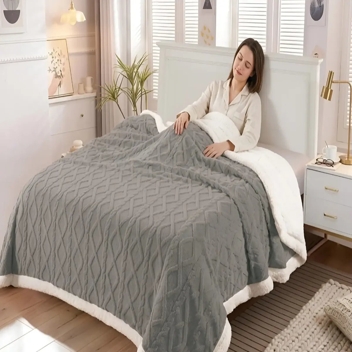 GENERICO - Frazada Sherpa Premium Con Diseño De Diamantes 2 plazas