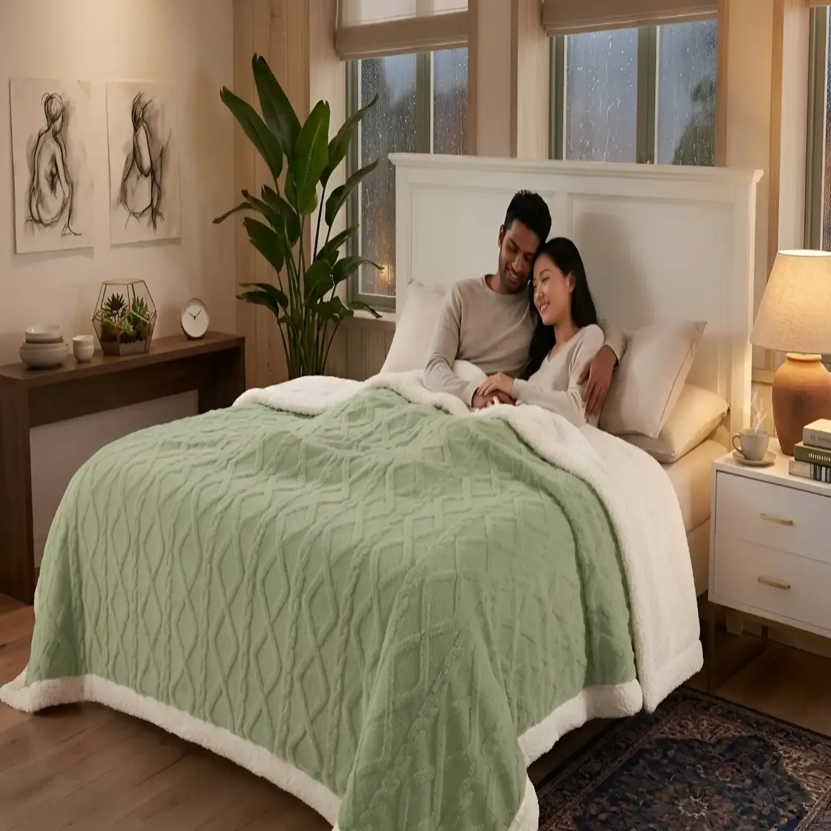 GENERICO - Frazada Sherpa Premium Con Diseño De Diamantes 2 plazas