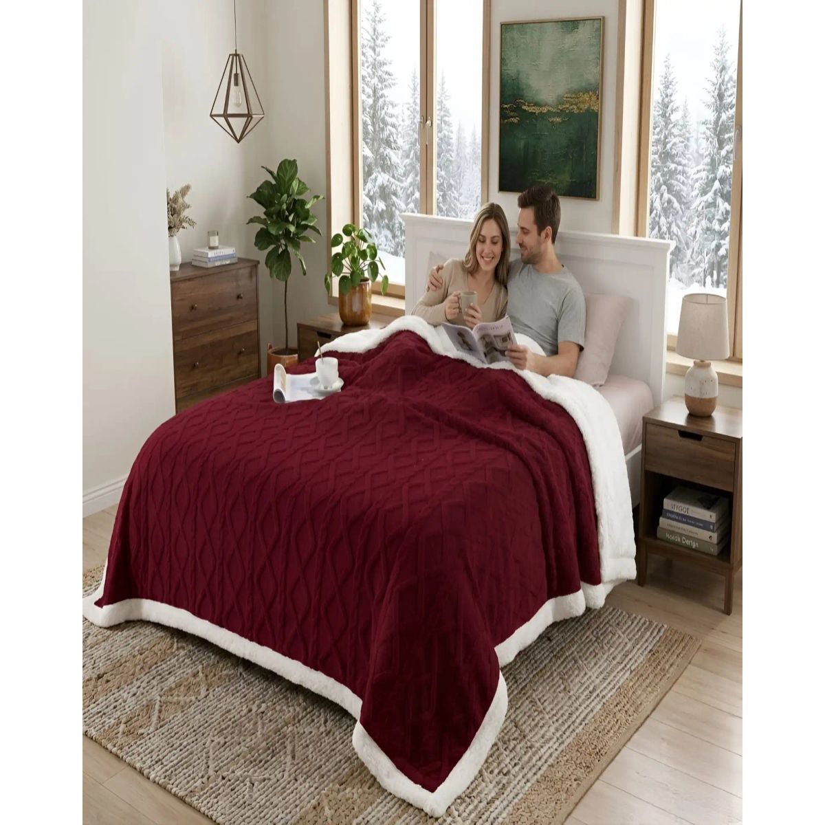 GENERICO - Frazada Sherpa Premium Con Diseño De Diamantes 2 plazas