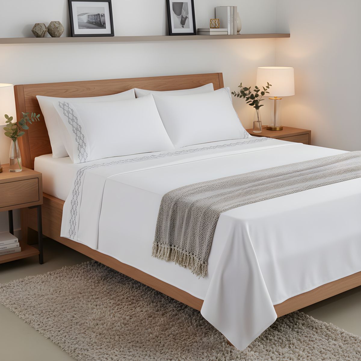 O&H ORIGINAL HOME - Juego de sábanas blanca con bordado gris 1,5 Plazas