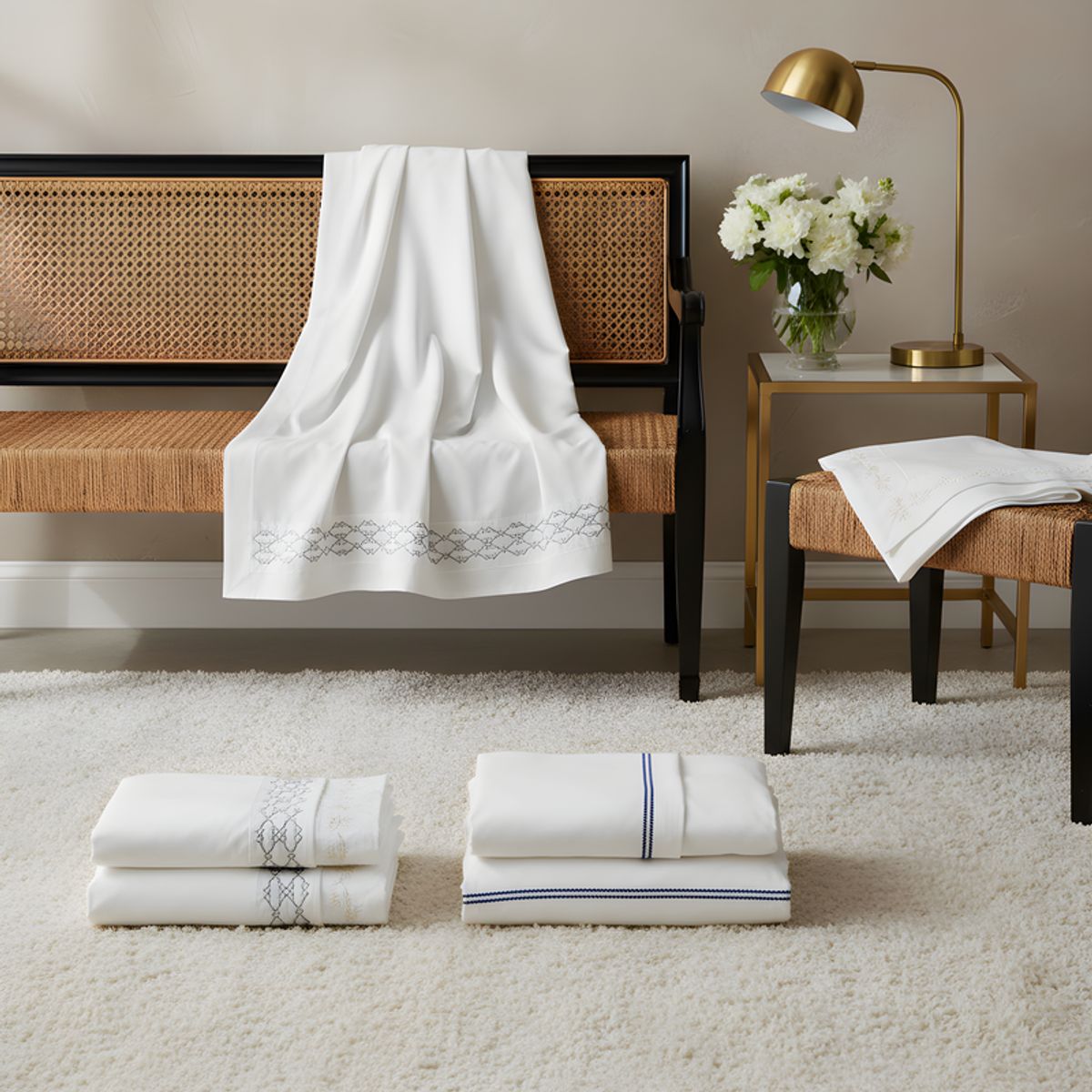 O&H ORIGINAL HOME - Juego de sábanas blanca con bordado gris King