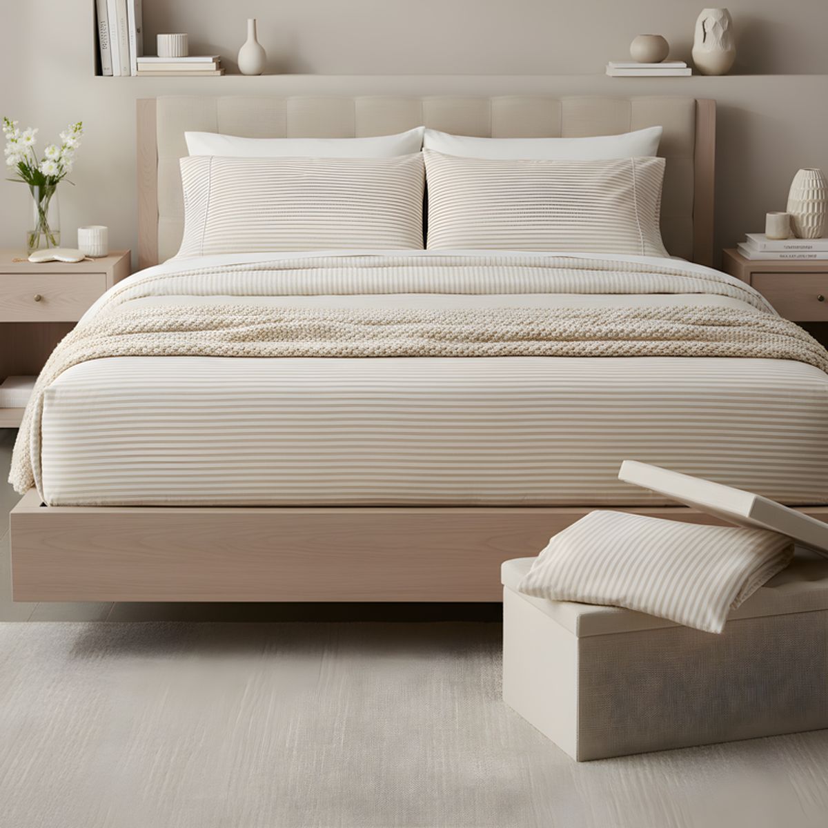 O&H ORIGINAL HOME - Juego de sábanas rayada beige microfibra King