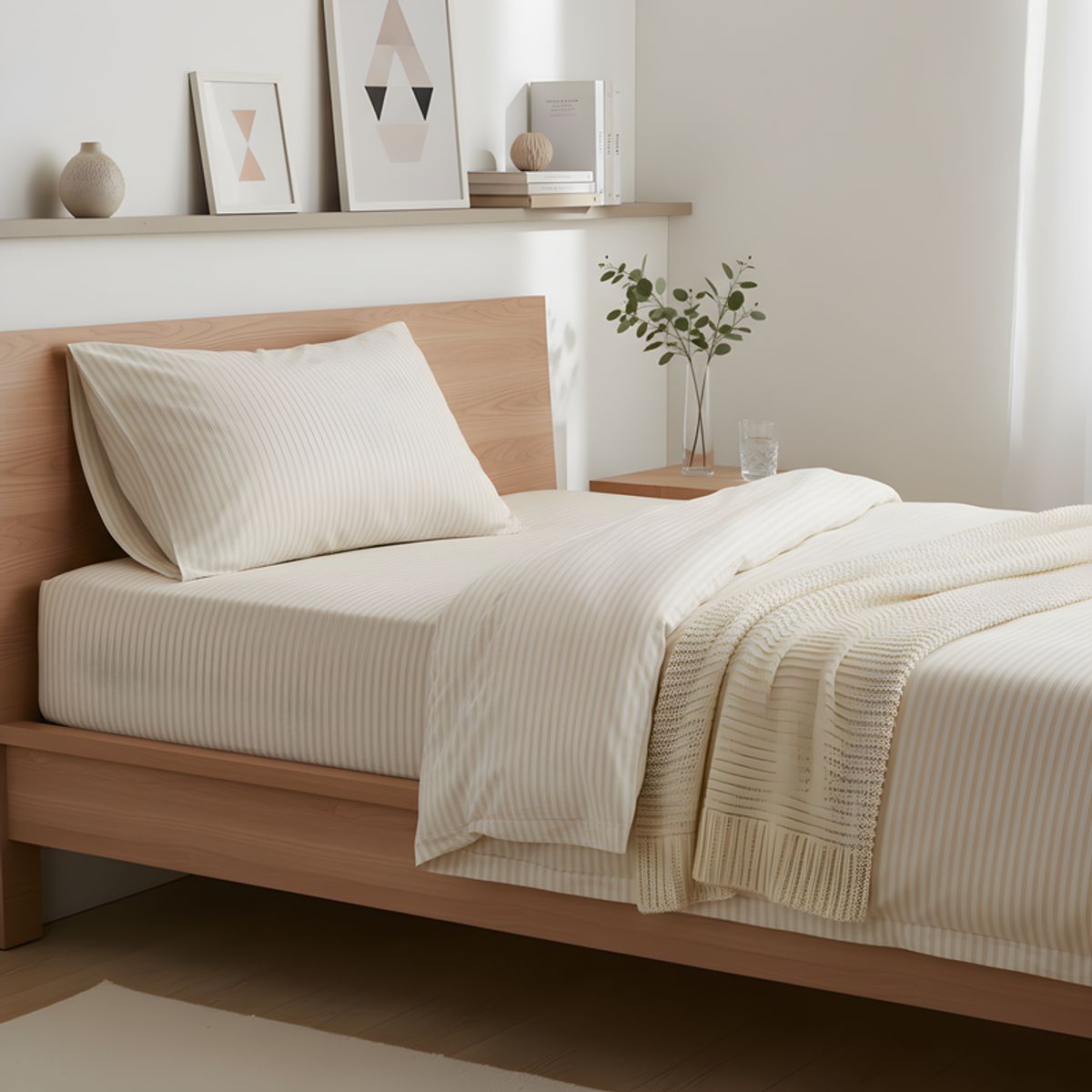 O&H ORIGINAL HOME - Juego de sábanas rayada beige microfibra King