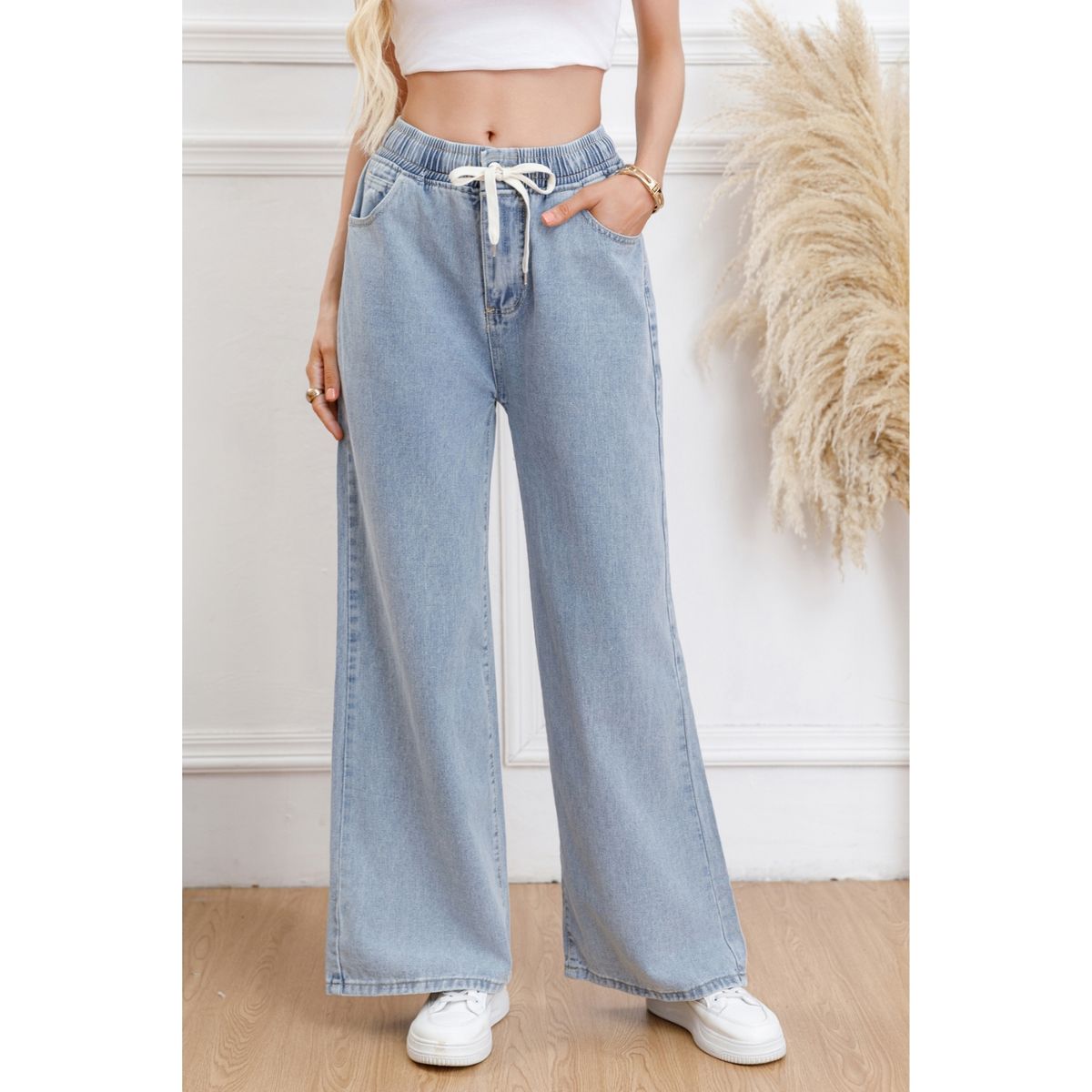 LIKE SHOP - Pantalón Jeans Mujer Wide Leg Tiro Alto Elasticado con Cordón 1007