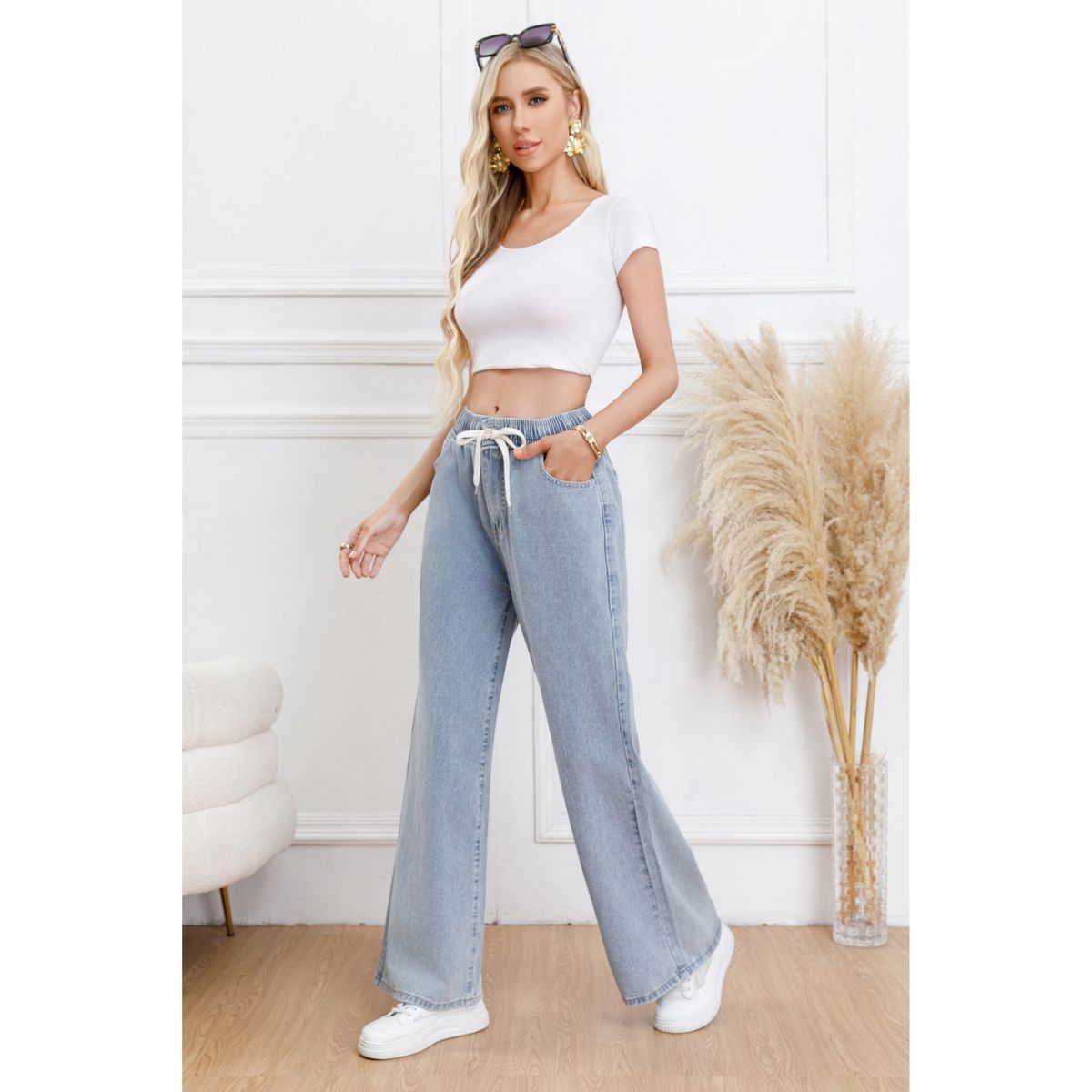 LIKE SHOP - Pantalón Jeans Mujer Wide Leg Tiro Alto Elasticado con Cordón 1007