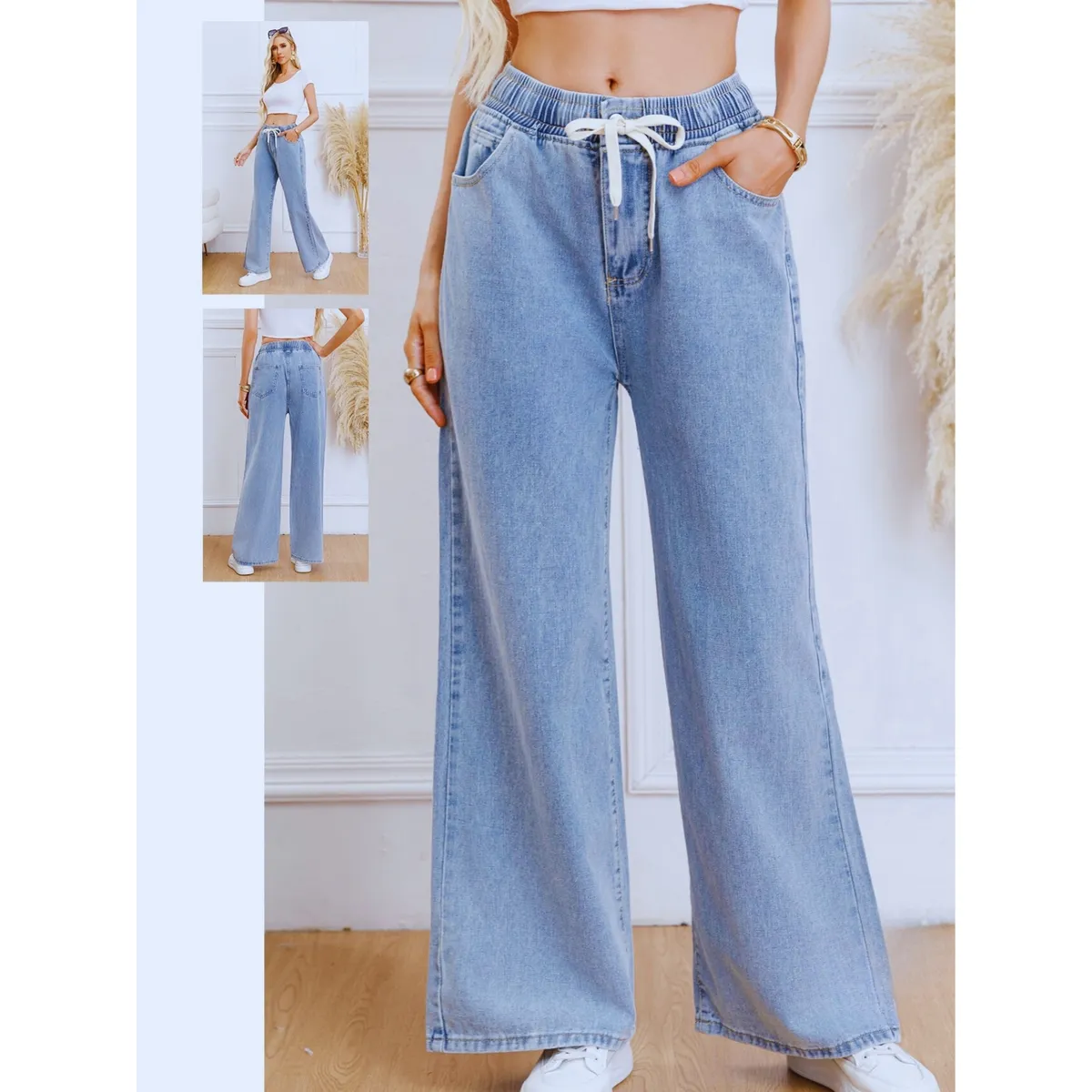 LIKE SHOP - Pantalón Jeans Mujer Wide Leg Tiro Alto Elasticado con Cordón 1007