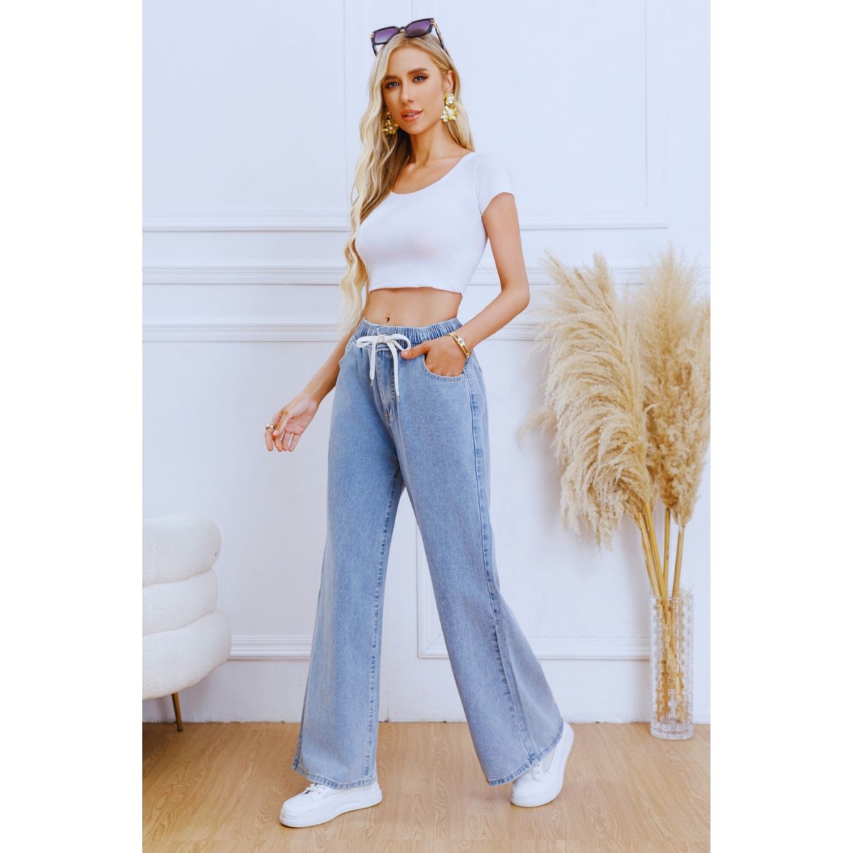 LIKE SHOP - Pantalón Jeans Mujer Wide Leg Tiro Alto Elasticado con Cordón 1007