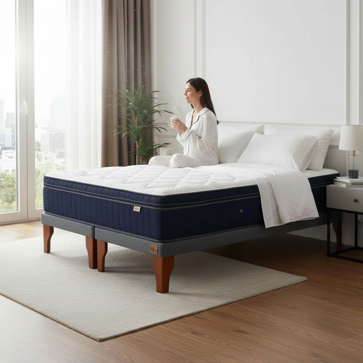 BLOCCARE - Cama Super King Box 8cm + Colchon CIC L200 cm -Super Premium  Con Refuerzo - Pata Madera 24cmGris