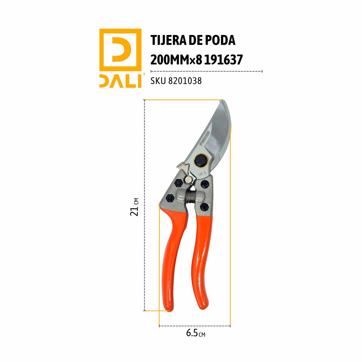 DALI - Tijera de Poda 200 mm 8” Tijera para Podar Plantas y Jardín Herramienta Jardinería 191637