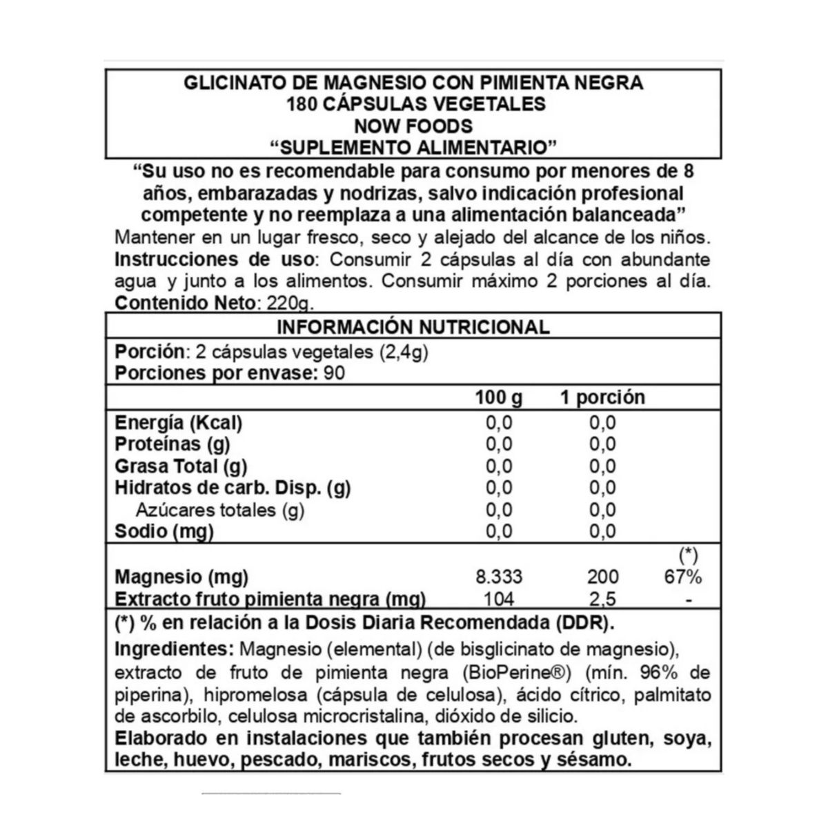NOW - Magnesium Glycinate with bioperine 180 - Now Foods