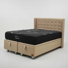 BLOCCARE - Cama Baul 2 Plaza L200cm con Respaldo + Colchon Black Prime - Modelo Uno / Rueda Deluxe (Beige)
