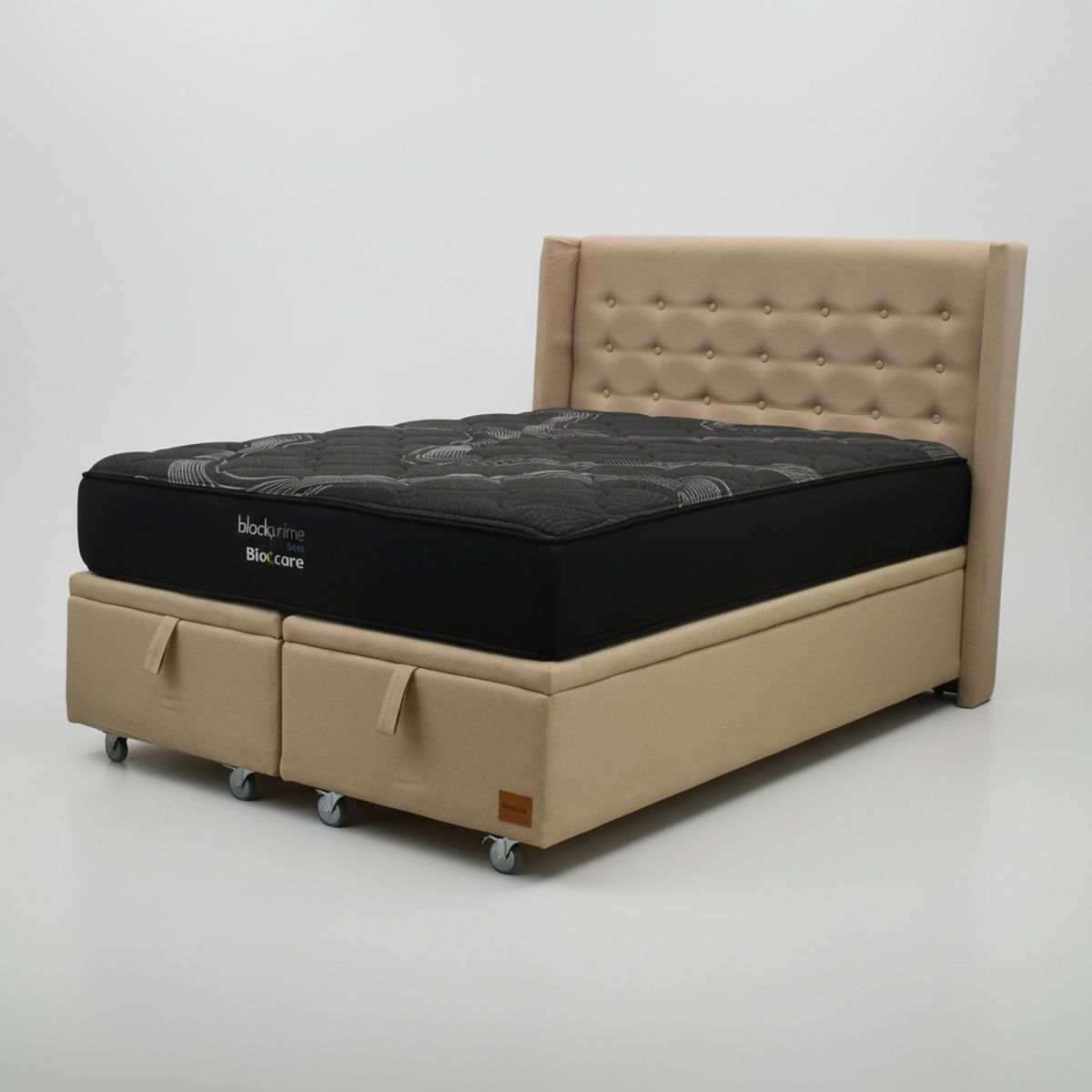 BLOCCARE - Cama Baul 2 Plaza L200cm con Respaldo + Colchon Black Prime - Modelo Uno / Rueda Pyton (Beige)