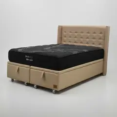 BLOCCARE - Cama Baul 2 Plaza L200cm con Respaldo + Colchon Black Prime - Modelo Uno / Rueda Pyton (Beige)