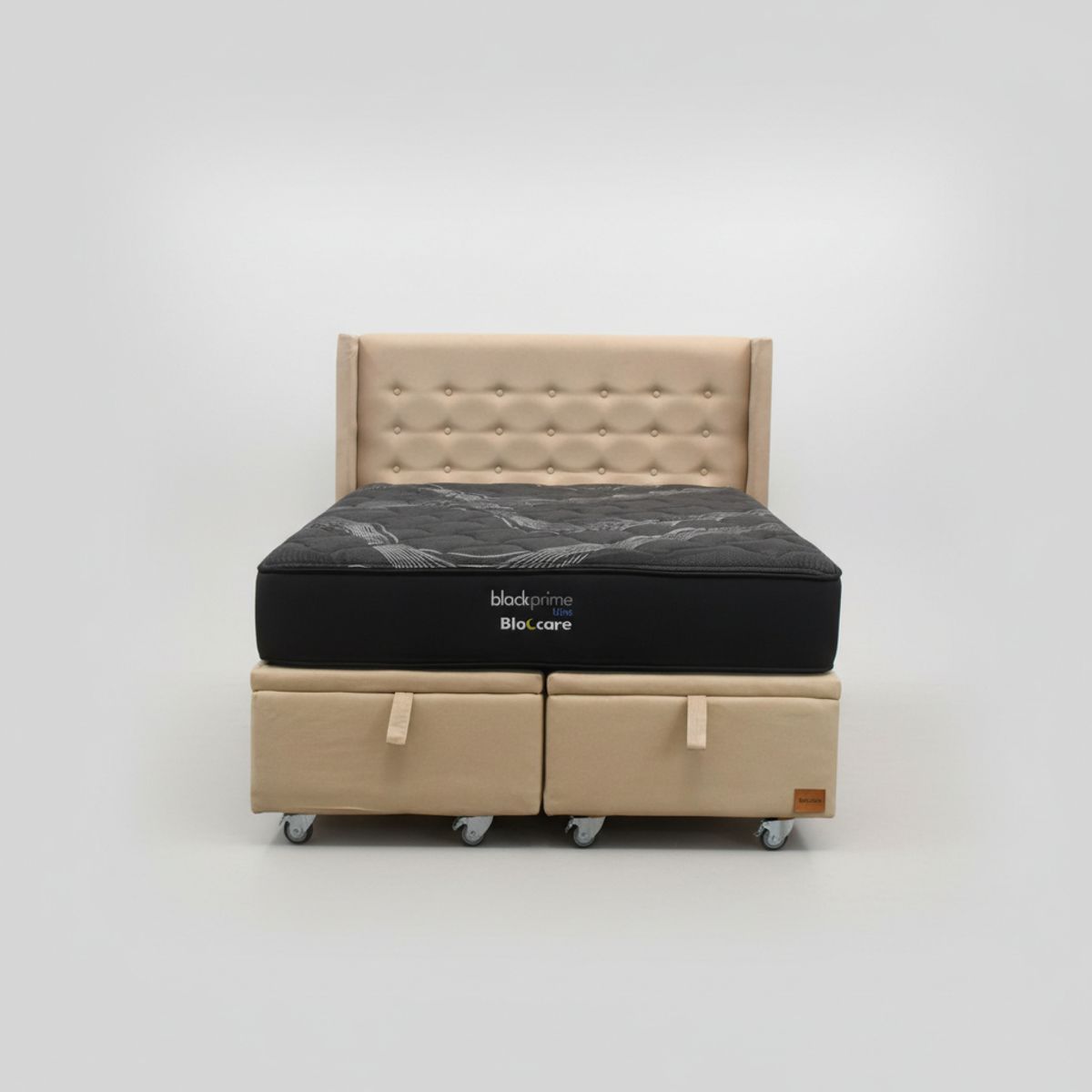 BLOCCARE - Cama Baul 2 Plaza L200cm con Respaldo + Colchon Black Prime - Modelo Uno / Rueda Pyton (Beige)
