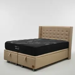 BLOCCARE - Cama Baul 2 Plaza L200cm con Respaldo + Colchon Black Prime - Modelo Uno / Rueda Logo (Beige)