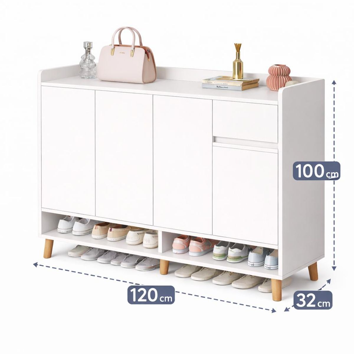 ACTUAL - Zapatero Organizador Blanco 120x32x100 cm Gran Capacidad con Puertas Abatibles