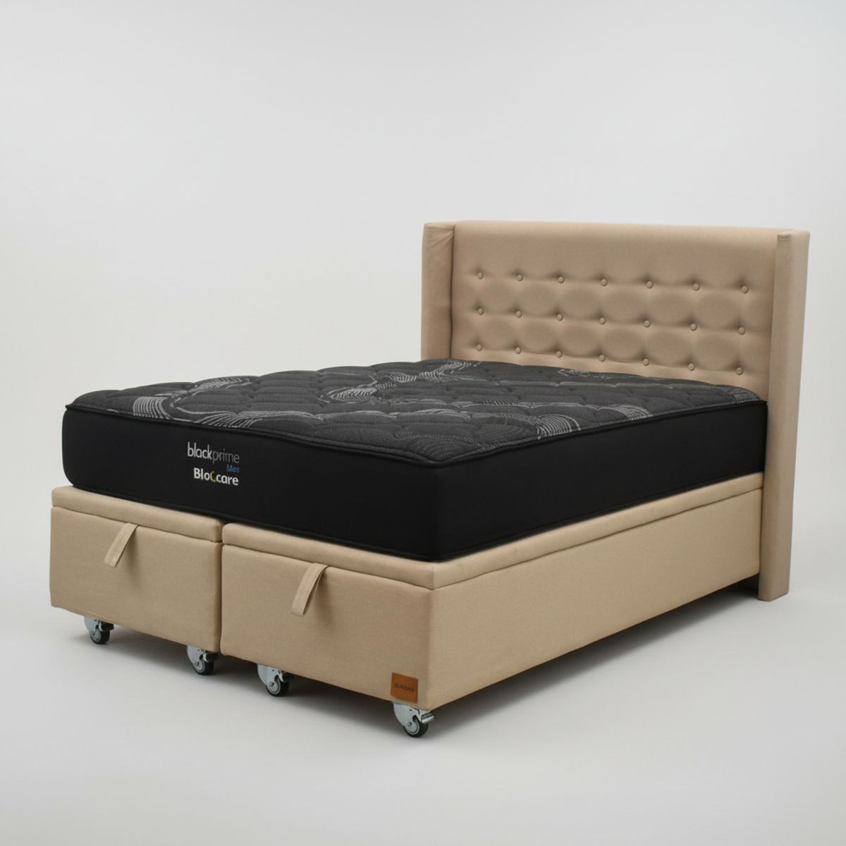 BLOCCARE - Cama Baul King L200cm con Respaldo + Colchon Black Prime - Modelo Uno  Rueda Deluxe Beige