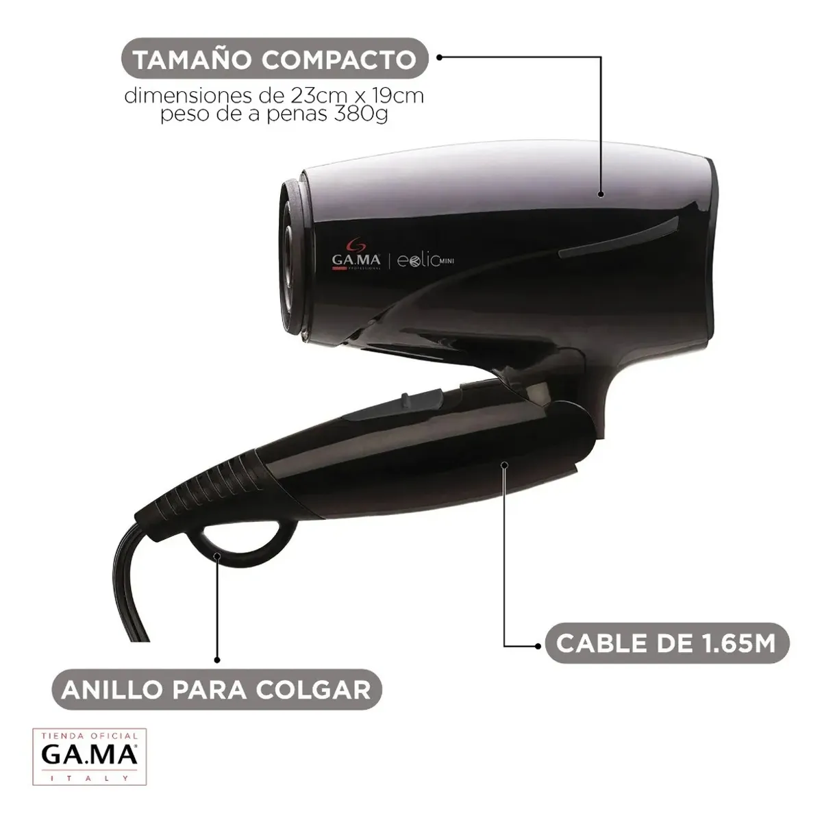 GAMA - Secador Gama Eolic Travel Ion Turmalina Plegable Compacto Color Negro