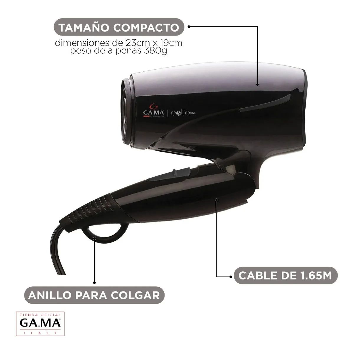 GAMA - Secador Gama Eolic Travel Ion Turmalina Plegable Compacto Color Negro