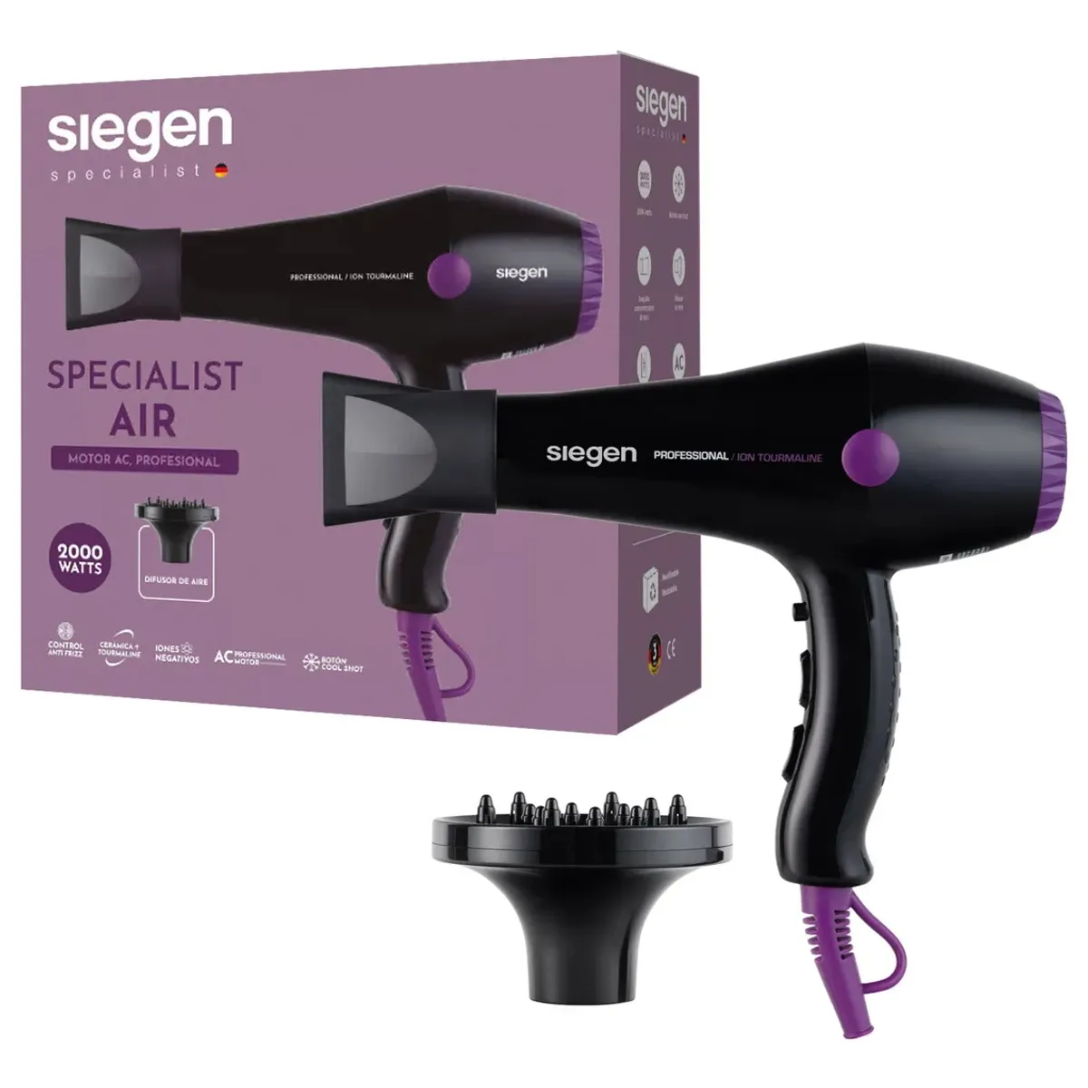 SIEGEN - Secador de Pelo  2000W 2 Velocidades Negro