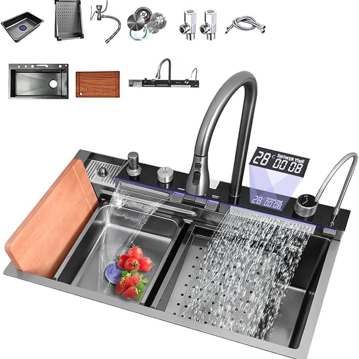 GREENPRO - Lavaplatos Fregadero Digital 7 Modos Acero Inoxidable Lavavasos Termómetro Escurridor