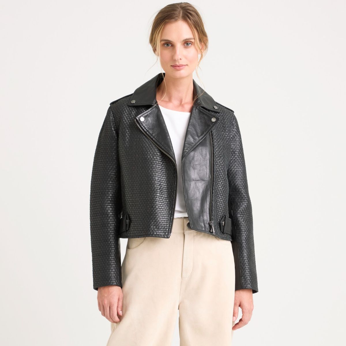 VELEZ - Vélez Chaqueta Claire Tejida Cuero Mujer Silueta Biker Negro