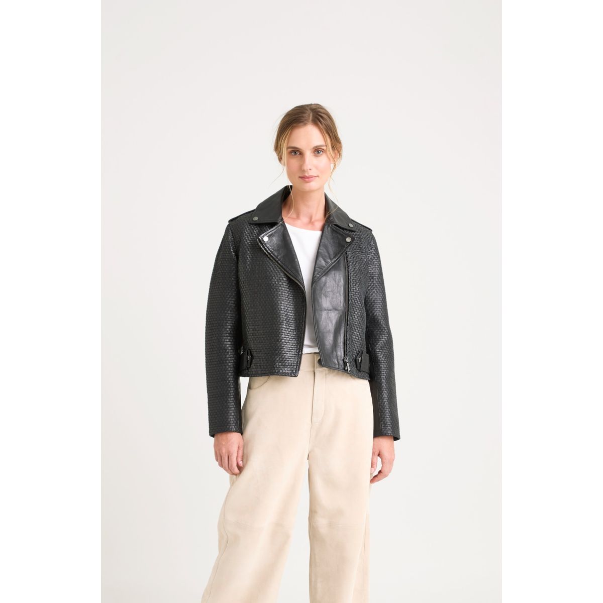 VELEZ - Vélez Chaqueta Claire Tejida Cuero Mujer Silueta Biker Negro