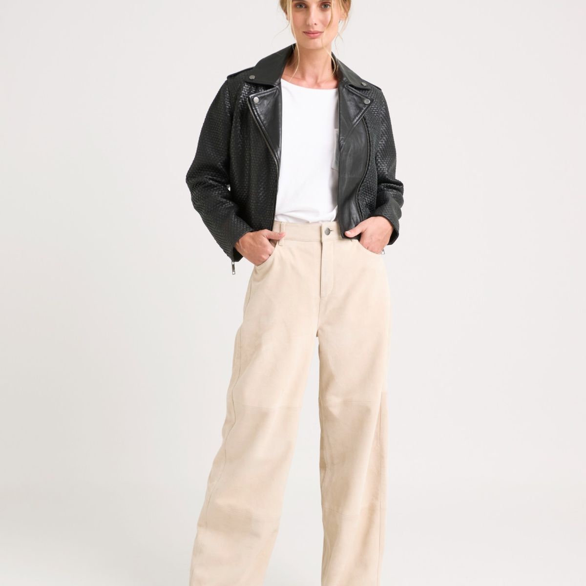 VELEZ - Vélez Chaqueta Claire Tejida Cuero Mujer Silueta Biker Negro