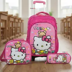 HELLO KITTY - Mochila Escolar Flowers Con Ruedas Desmontables + Estuche + Lonchera Niña Poliéster