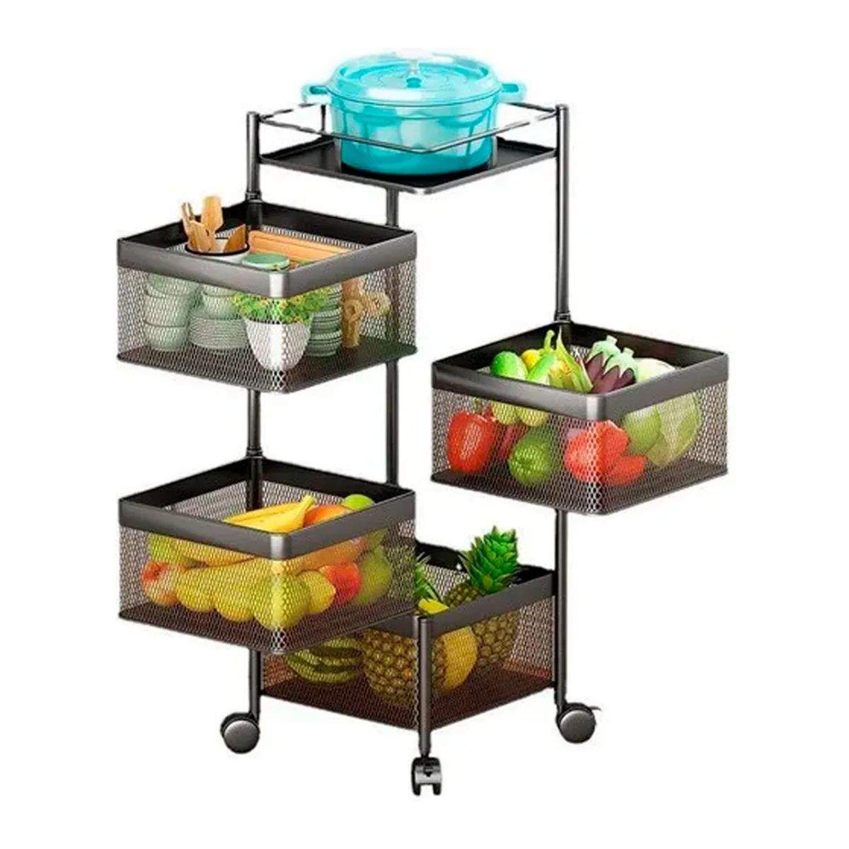 GENERICO - Carrito Organizador Verdulero de 4 Canasto Metálico en Negro