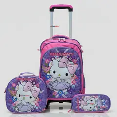 HELLO KITTY - Mochila Escolar Con Ruedas Desmontables + Estuche + Lonchera Niña Poliéster