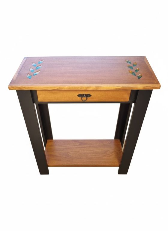 MESA DE ARRIMO CAFE NEGRO CON GRABADO RESINA ESPIGAS