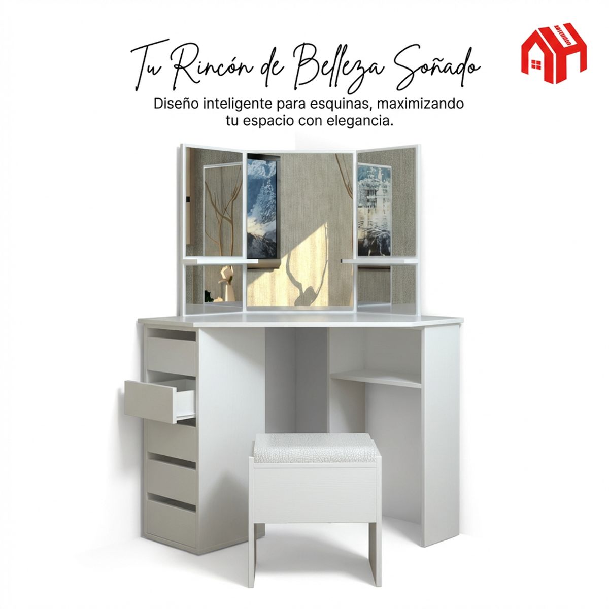ANYHOGAR - Tocador Esquinero Profesional Equipado Con Taburete