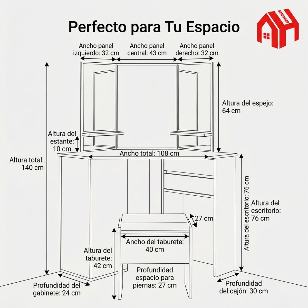 ANYHOGAR - Tocador Esquinero Profesional Equipado Con Taburete
