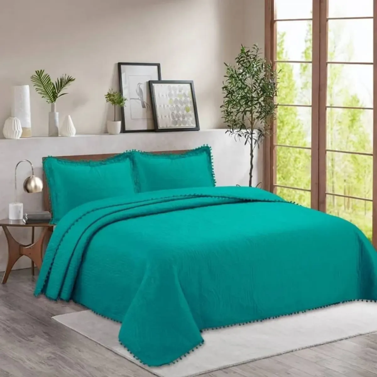GENERICO - Cubrecama Quilt De Verano 2 Plazas Con Pompones Color Turquesa