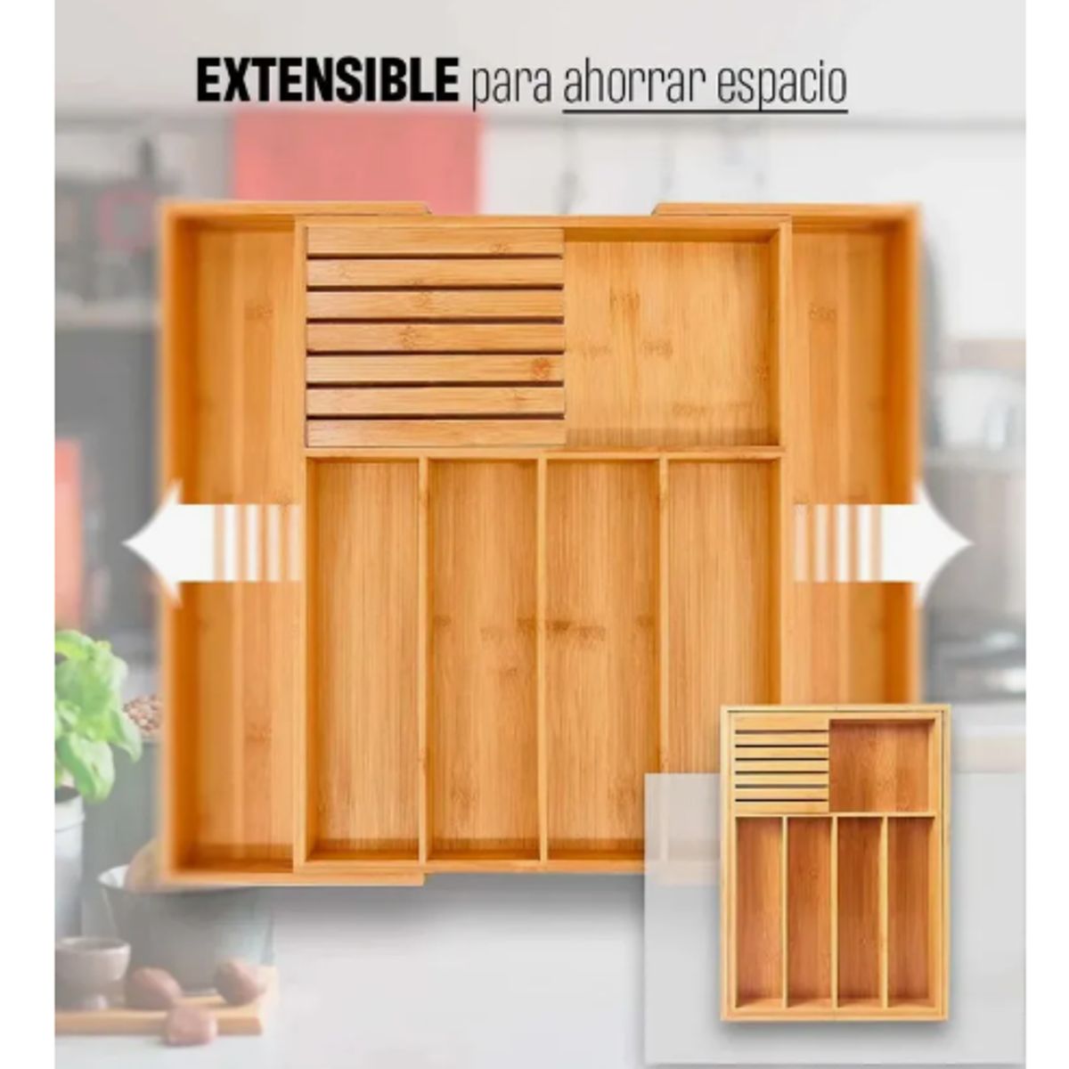 GENERICO - Organizador De Cubiertos Bambú Ajustable 7 Compart Bambú