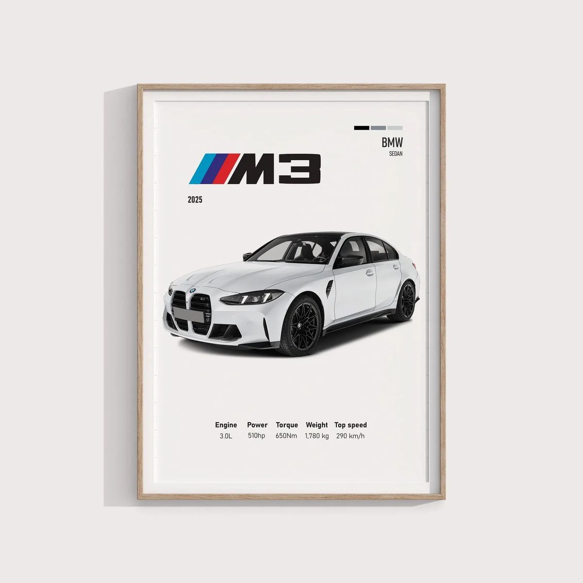 GENERICO - Cuadro Bmw M3 2025 Blanco Deportivo + Marco