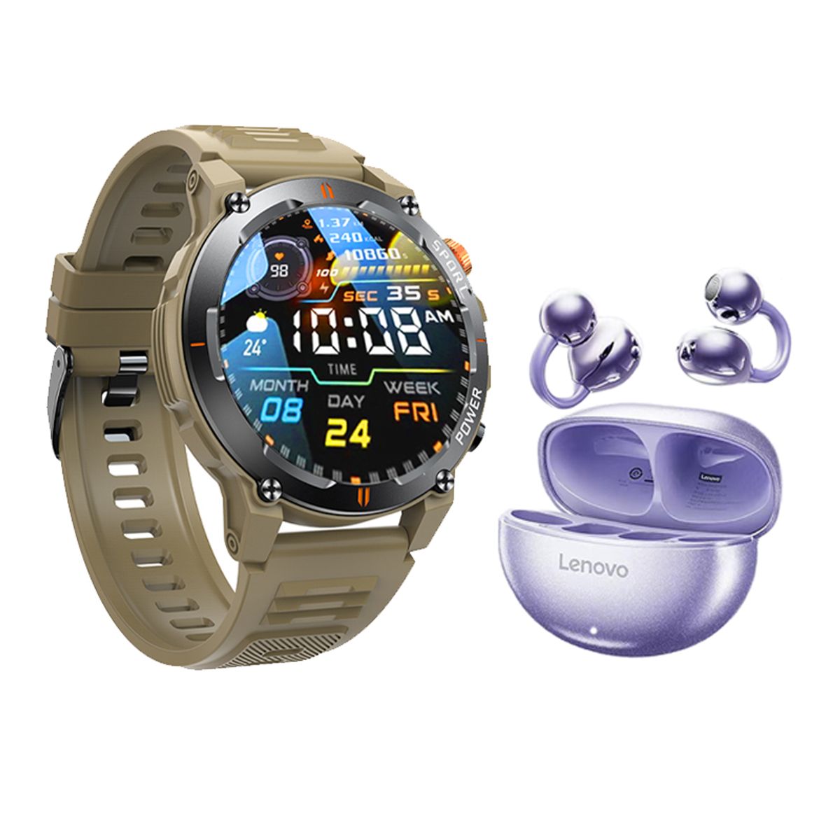 LENOVO - Reloj inteligente GT-R Oro Smartwatch y Audifonos Lenovo TA140 Morado
