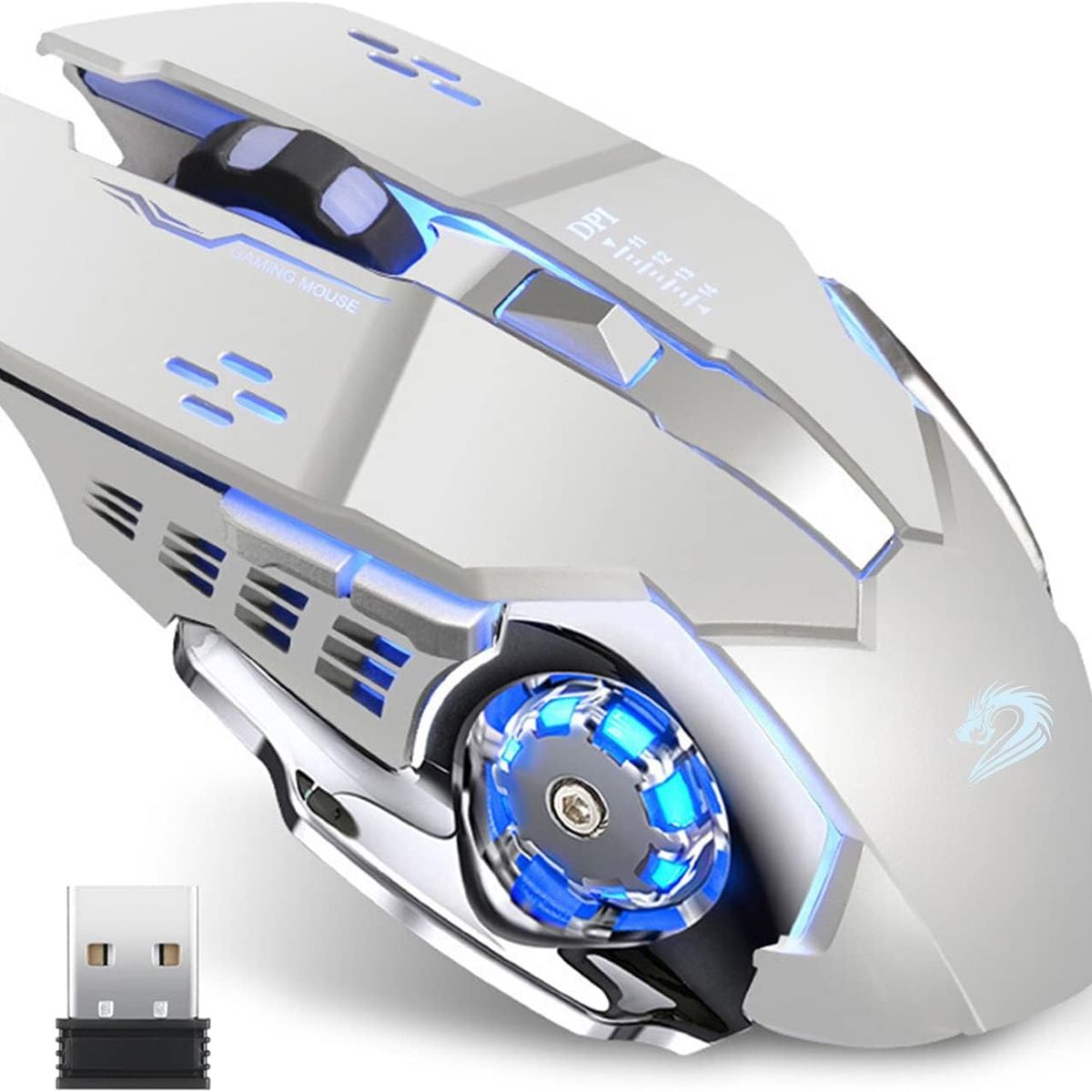 BLUEDREAMER - Ratón inalámbrico recargable para juegos, ratón óptico inalámbrico LED silencioso de 2,4 G